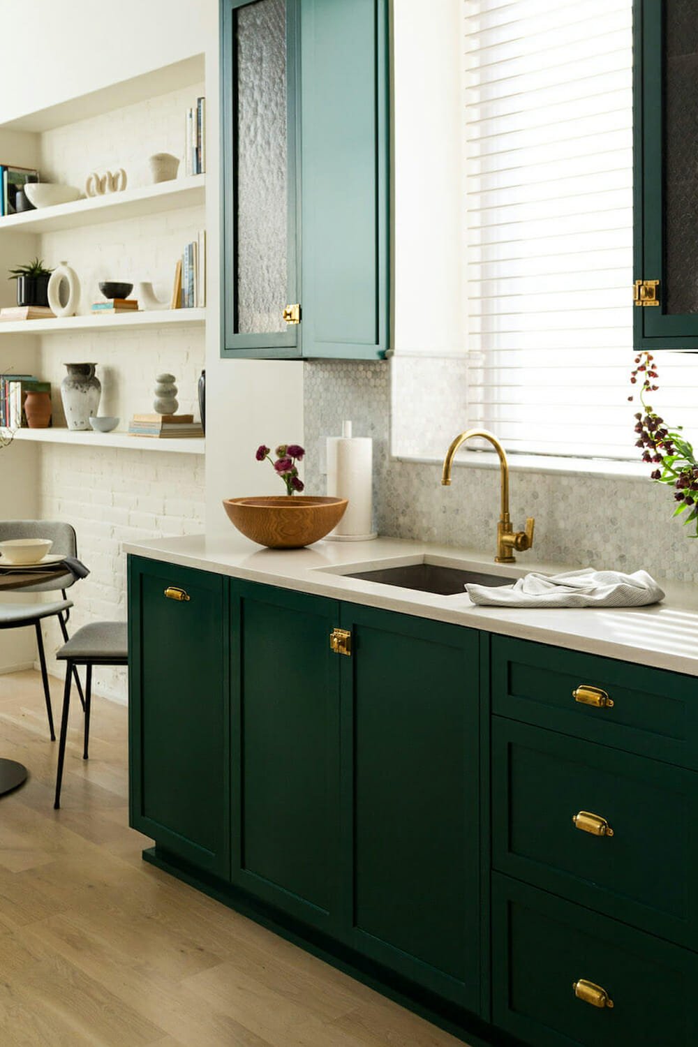 painted green cabinets with gold hardware