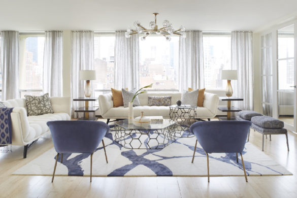 White and blue furniture decorate with gold accents Manhattan renovation
