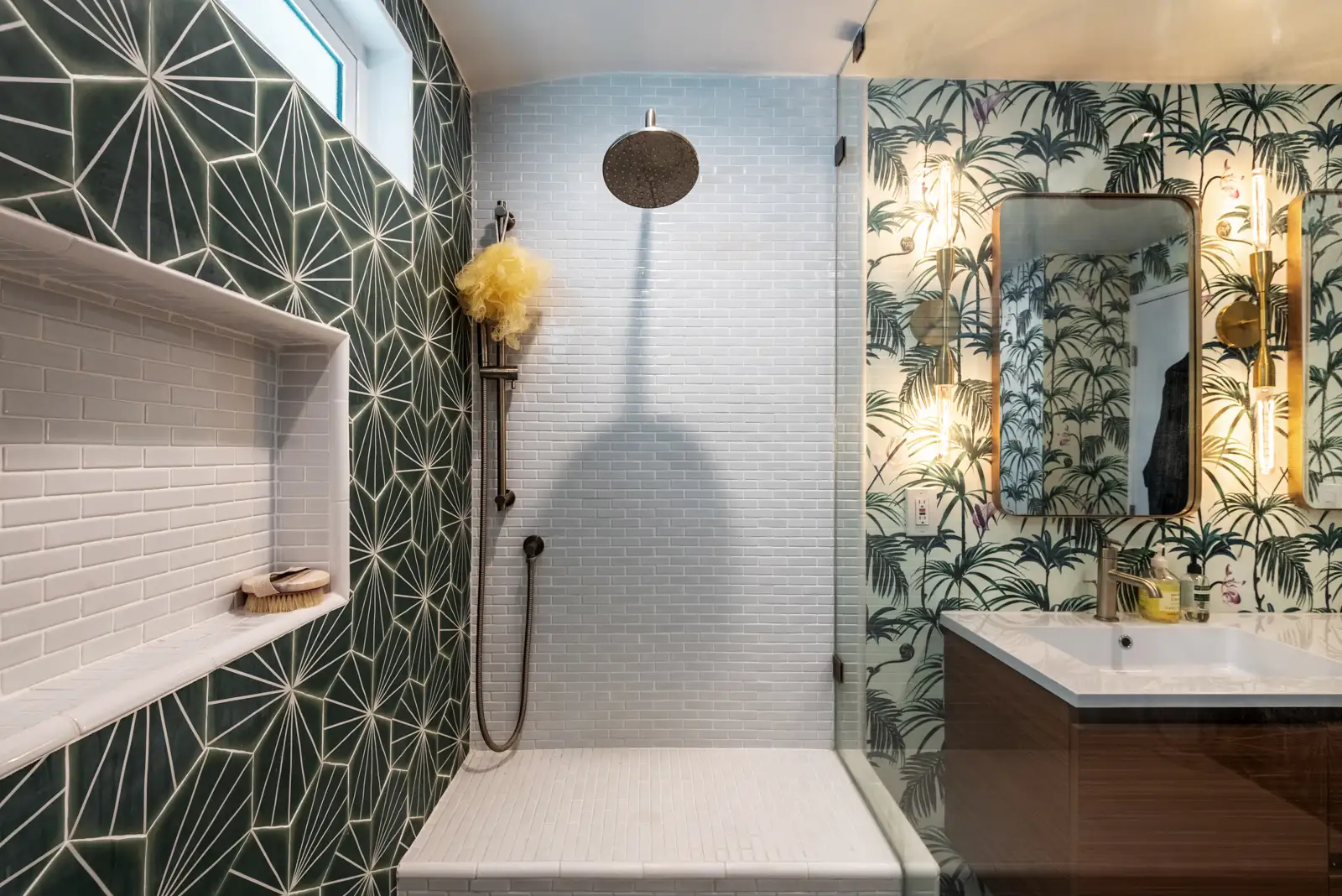 green and white shower tile with mini subway tile and wallpaper in home remodel in culver city